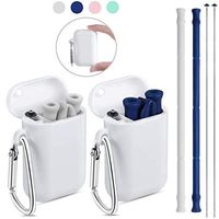 Higreen Reusable Silicone Collapsible Straws (Upgrades,Small & Light,Extra Long)- 2 Pack Portable Drinking Straw with Carrying Case and Cleaning Brush, 100% BPA Free (Blue & Grey)