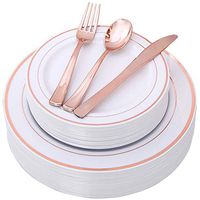 125Piece Disposable Plastic Plates&Cutlery,Service for 25 Heavyweight Disposable Dinnerware: 25 Dinner Plates, 25 Dessert Plates, 25 Forks, 25 Knives, 25 Spoons (Rose Gold)