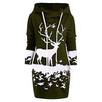iLUGU Ugly Christmas Dresses for Women Reindeer Printed Loong Sleeve Hooded Mini Dress Green
