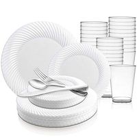 360 Piece Elegant Disposable Plastic Dinnerware Set for 60 Guests - Fancy Round White Swirl Rim Dinner Plates, Appetizer Plates, Silverware Set & Cups For Wedding, Easter, Birthday & All Occasions