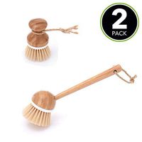 Kitchen Brush Scrubber Set with Holder-Eco Bamboo Round Mini Palm and Long Hold Handle Brushes for Dishes,Pans,Pots,Kitchen Sink,Bathroom,Cast Iron Skillet,Household Cleaning-White/Natural Wood-2 Pack