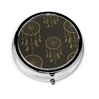 ZZguowuque Round Pill Case with 3 Compartment，Small Pill Case Portable for Pocket Purse， Travel Pills Box Valentines Day Ornate Dreamcatcher and Hearts Dream Catcher Feathers
