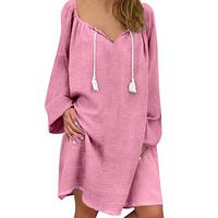 NEARTIME💎Short Blouse Dress for Women-Ladies Long Sleeve Dresses Casual Loose O-Neck Knee Length Skirts Pink