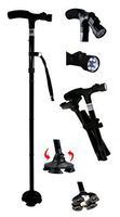 Sturdy Lightweight Folding Cane/Walking Stick features a Pivoting Self-standing Quad Base, Adjustable LED Light & Cushion Handle