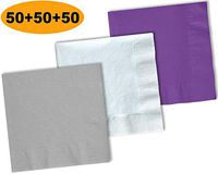 150 Beverage Napkins, Shimmering Silver, Bright White, Amethyst - 50 Each Color. 2 Ply Paper Cocktail Napkins. 5" folded, 10" unfolded.