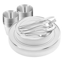 175 Pc Elegant Silver Rim Plastic Dinnerware Set | Bundle Includes Plates, Spoons, Forks, Knives, Cups | High-End Disposable Party Supplies For Weddings, Housewarming, Graduation & Parties