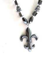 Healing Hematite Necklace with Big Fleur De Lis Pendant