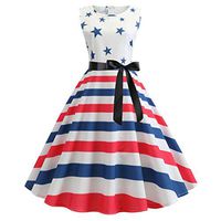 JULYKI Women Prom Dresses, Star Stripe Print Vintage Belt Puffy July 4th Party Dress (M,White)