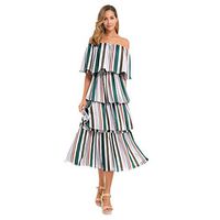 Sunhusing Ladies Sexy Pleated Off Shoulder Small Floral Striped Print Layered Cake Skirt Long Fairy Dress(Gray,L)