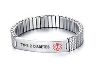 Mealguet Jewelry Type 2 Diabetes- Unisex Stainless Steel Medical Alert ID Tag Stretch Wristband Bracelet/Deep Black engrave