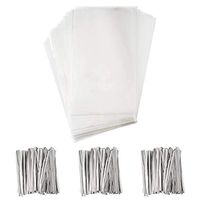 Pandahall 100pcs Clear Rectangle Cellophane Gifts Bags 10”x 6” with 100pcs Silver Twist Ties for Wedding Birthday Christmas Party Favor Treat Goods Candies Cookies Package