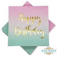 100 Count Happy Birthday Napkins 3 Ply Pink to Teal Ombre Luncheon Napkin with Metallic Gold Foil for Dinner Celebration Party Favor Supplies Decorations by Ideal Parties!