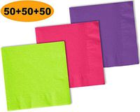 150 Beverage Napkins, Lime Green, Electric Pink, Amethyst - 50 Each Color. 2 Ply Paper Cocktail Napkins. 5" folded, 10" unfolded.