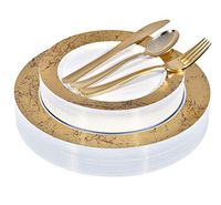 Gold Marble Plastic Dinnerware (125-Piece) Plastic Plates, Plastic Forks, Plastic Knives, Plastic Spoons - Service for 25 Guests Fancy Place Setting for Wedding, Party, Baby Shower, Birthday, Holiday