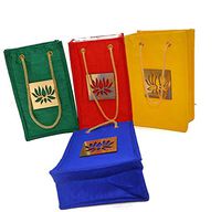 Desi Favors Set of 4 Sturdy Raw Silk with Lotus Gift Favor Bags for Weddings Housewarming Puja Return Gifts (Red, Blue, Green and Yellow) Decorated with Lotus