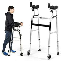 Goplus Foldable Standard Walker, Lightweight Aluminum Alloy Wheel Rehabilitation Auxiliary Walking Frame with Arm Rest Pad and Wheels, Height Adjustable Elderly Walking Mobility Aid