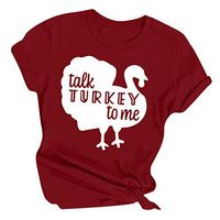 QIUUE Unisex Thanksful Turkey Letter Printed Tunic O-Neck Short Sleeve T-Shirts Tops Lightweight Sweatshirt Pullover S~3XL Wine