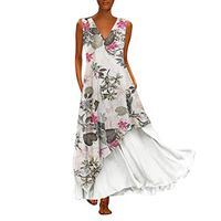 CCatyam Plus Size Dress for Women, Skirt V Neck Splicing Print Vintage Maxi Sexy Fashion White