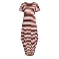 Women's Casual Loose Striped Pocket Long Dress Short Sleeve Side Split Maxi Dresses Red