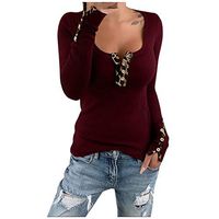 Sunhusing Women's Casual Leopard Button Splicing Decor Solid Color Round Neck Long Sleeve Slim Joker Tops(Wine,5XL)