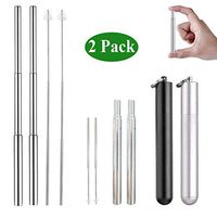 2 pieces of portable stainless steel telescopic straw for travel reusable straws with 2 brushes and 2 aluminum carrying cases (black + silver)