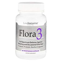 Lane Innovative - Flora3, Full Spectrum Defense Against Gas, Bloating and Occasional Diarrhea, A Probiotic, Prebiotic, and Bacillus Coagulan in One (60 Vegetable Capsules)