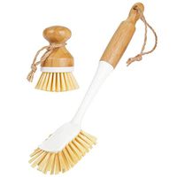 mDesign Bamboo Scrubbing Brushes, Stiff Bristles - Wash Dishes, Pots, Pans - For Kitchen Sink, Household Cleaning - Combo Includes Mini Palm, Long Handled Bottle Brush - Set of 2 - White/Natural Wood
