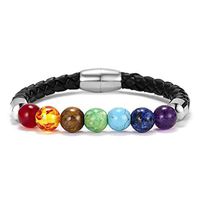Men Women 8mm Lava Rock 7 Chakras Aromatherapy Essential Oil Diffuser Bracelet Braided Rope Natural Stone Yoga Beads Bracelet Bangle (Free, A)