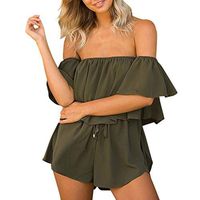 Alangbudu Women Off Shoulder Bandeau Strapless Ruffle Overlay Beachwear Short Elastic Waist Rompers Jumpsuits Overalls Army Green
