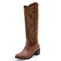 HebeTop Women's Retro Western Cowboy Pointed Toe Knee High Pull On Tabs Boots Brown