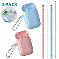 Collapsible Reusable Straws with Case Food-Grade Silicone Portable Drinking Straw Foldable Straws with Cleaning Brush for Travel Home Office 2 Pack (Pink&Blue)