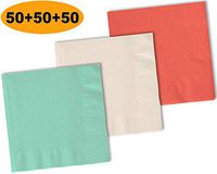 150 Beverage Napkins, Mint, Ivory, Coral - 50 Each Color. 2 Ply Paper Cocktail Napkins. 5" folded, 10" unfolded.