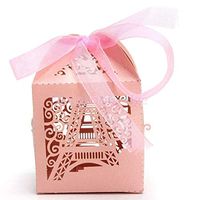 50 Eiffel Tower Laser Cut Candy Gift Boxes With Ribbon Wedding Party Favors |Color - Pink|