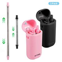 Upgraded Eco Friendly Reusable Collapsible Straws, KITOOL 2 Pack Telescopic Stainless Steel Straw Portable Set - Black&Hot Pink