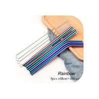 8Pcs Stainless Steel Drinking Straws Metal Straight Bent Stainless Steel Straw With Cleaner Brush Party Bar,01 Rainbow
