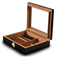 Handmade Cigar Humidor Wooden, Premium Glass Top Cedar Cigar Desktop Box with Front Hygrometer and Humidifier Gel for Cigars (Black)