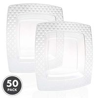 50 Square Plastic Plates - 9.5 Inch Clear Disposable Plates with Diamond Design Rim for Dessert, Salad or Appetizer, Bulk Set