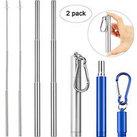 2 Pack Reusable Metal Straws Telescopic Stainless Steel Drinking Straws Portable Collapsible Straws Keychain with Carrying Case and Cleaning Brush (Silver Straw, Silver and Blue)