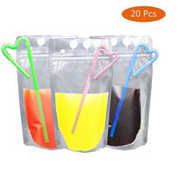 LiXiongBao 20 Pack Zipper Plastic Pouches Drink Bags,Heavy Duty Hand-Held Clear Reclosable Stand-up Bag with Straws for Smoothie, Cold & Hot Drinks
