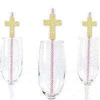 Gold Glitter Pink Elegant Cross Party Straws - No-Mess Real Gold Glitter Cut-Outs and Decorative Girl Religious Party Paper Straws - Set of 24