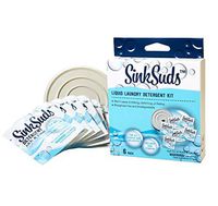SinkSuds Travel Laundry Detergent Liquid Soap + Odor Eliminator for All Fabrics Including Delicates, (TSA Compliant), 6 Sink Packets (0.25 fl oz Each) + 4in Stopper, White