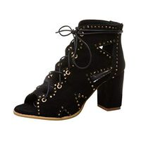 Cenglings Sandals,Women Summer Peep Toe Hollow Out Rivets Shoes Hollow Out Lace Up High Chunky Heel Pumps Ankle Sandals Shoes(Black,41)