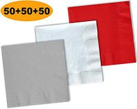 150 Beverage Napkins, Shimmering Silver, Bright White, Red - 50 Each Color. 2 Ply Paper Cocktail Napkins. 5" folded, 10" unfolded.