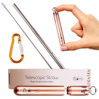 EcoTime Collapsible Reusable Drinking Straw - Stainless Steel Design with Cleaning Brush - Two Silicone Tips - Carabiner Keychain and Metal Case - 9.3 Inches - Dishwasher-Safe - Rose Gold