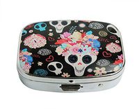 XUTAI Custom Personalized Square Stainless Steel Silver Glass Travel Pill Case Vitamin Decoration Box (Skulls Beautiful)
