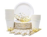 Party Chic Gold Dot Disposable Paper Plates Cups and Napkins Set for 20; Gold Foil 20 Dinner Plates 20 10 oz Cups and 20 Dinner Napkins for Party Wedding Holiday Anniversary Birthday Bachelor Shower