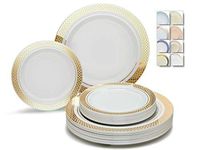 " OCCASIONS " 50 Plates Pack (25 Guests)-Heavyweight Wedding Party Disposable Plastic Plate Set -25 x 10.5'' Dinner + 25 x 7.5'' Salad/Dessert plates (Celebration White & Gold)
