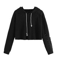 Women's Autumn Winter Solid Color Ripped Hole Long Sleeve Sweatshirts Hoodies Casual Loose Pullover Crop Tops Black