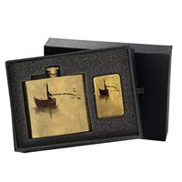 Angler Fisherman Fishing - Gold Lighter and Pocket Hip Liquor Flask Survival Camping Gift Box Set