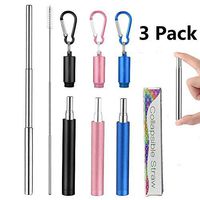 QXTTS 3 Pack Reusable Telescopic Straws Collapsible Portable Stainless Steel Metal Drinking straw set With Metal case keychain Cleaning Brush,Can be used outdoors and travel black & blue & Rose gold